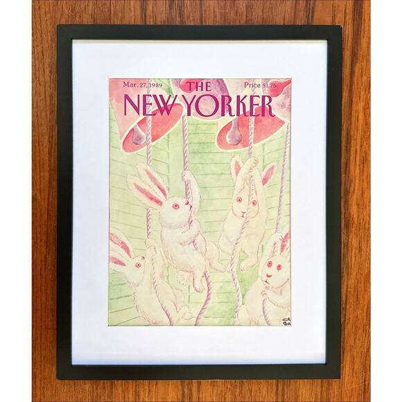 Framed 1989 New Yorker Magazine March 27 Charles Addams Easter Bunny Bells - Picture 1 of 3